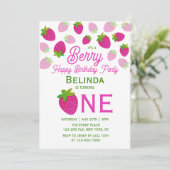 Rosa Glitzer Y2K Erdbeere 1. Geburtstag Einladung (Stehend Vorderseite)