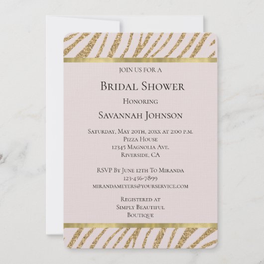 Rosa Glitzer Zebra Animal Brautparty Einladung (Vorderseite)