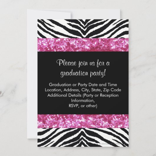 Rosa Glitzer Zebra Bow Abschluss Einladung (Rückseite)