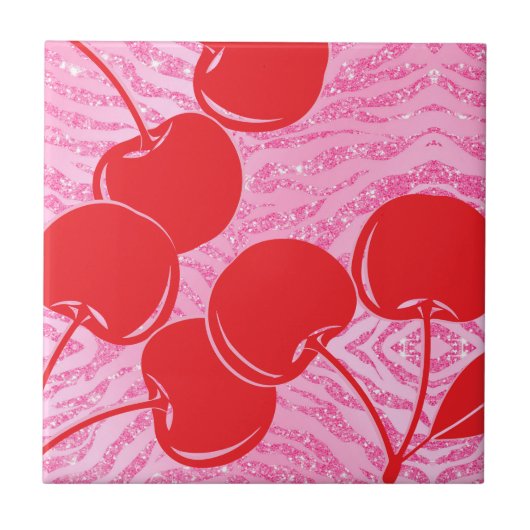 Rosa Glitzer Zebra Cherries Fliese (Vorderseite)