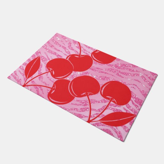 Rosa Glitzer Zebra Cherries Fußmatte (Schrägansicht)