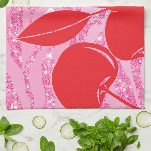 Rosa Glitzer Zebra Cherries Geschirrtuch (Gefaltet)