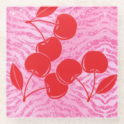 Rosa Glitzer Zebra Cherries Glasuntersetzer (Vorderseite)