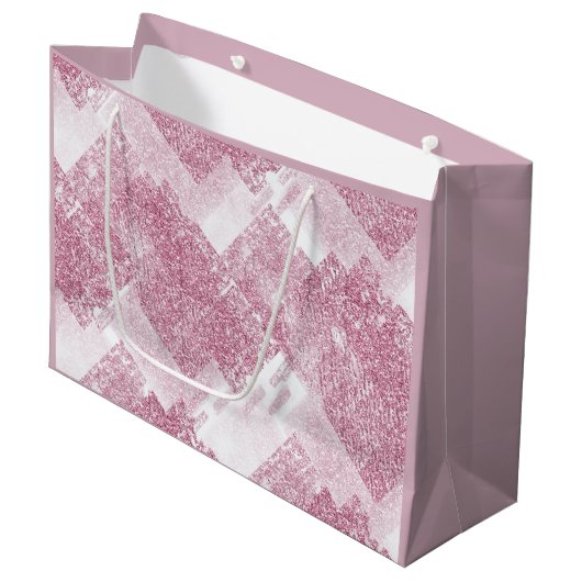 Rosa Glitzern auf Weiß. Große Geschenktüte (Vorderseite Schrägansicht)