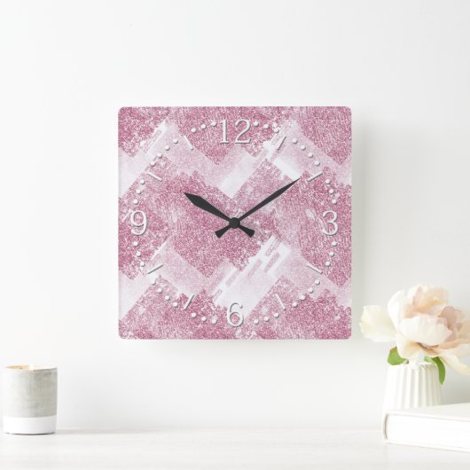 Rosa Glitzern auf Weiß. Quadratische Wanduhr (Zuhause)
