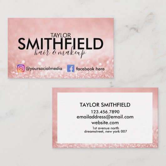 Rosa Glitzern Seidenhaare und Makeup Trendy Visitenkarte (Vorne/Hinten)