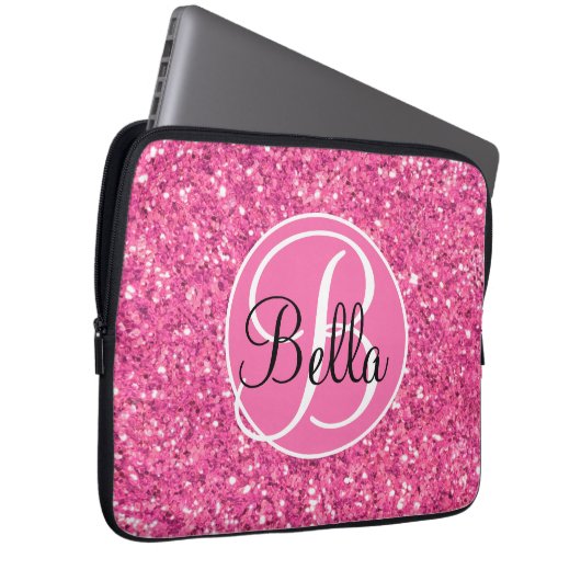 Rosa glitzerndes Glitzer mit Monogramm Laptopschutzhülle (Vorne Rechts)