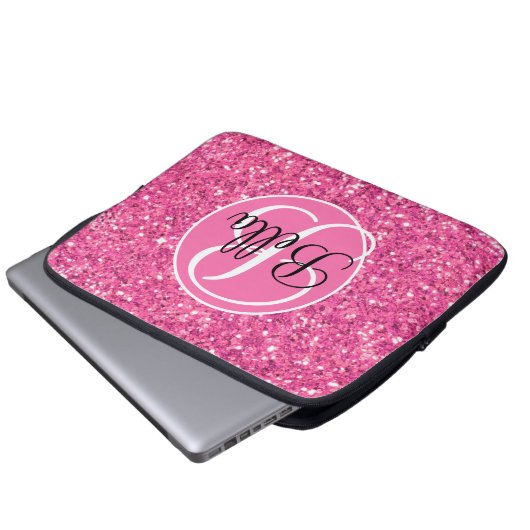 Rosa glitzerndes Glitzer mit Monogramm Laptopschutzhülle (Vorne Knopf)