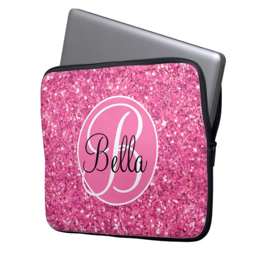 Rosa glitzerndes Glitzer mit Monogramm Laptopschutzhülle (Vorderseite Links)