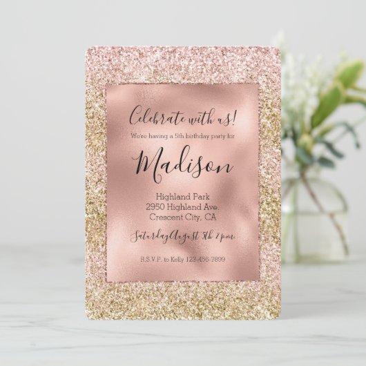 Rosa Glitzy Girly Sparkus Glitzer Ombre Einladung (Stehend Vorderseite)