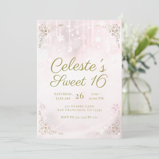Rosa Glow & Gold Celestial Sparkle Sweet 16 Party Einladung (Stehend Vorderseite)