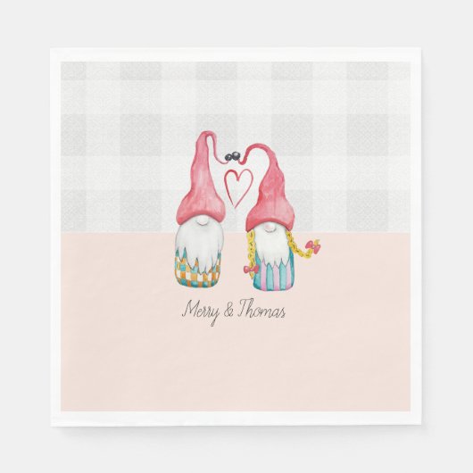 Rosa Gnome in Liebe Wasserfarben handbemalt Serviette (Vorderseite)