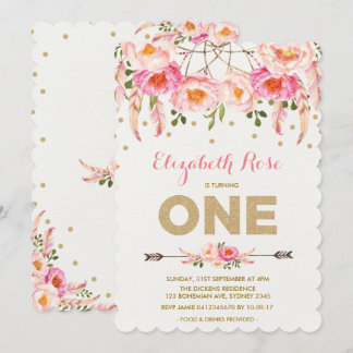 Rosa Gold 1. Geburtstag Einladung Blumenstrauß