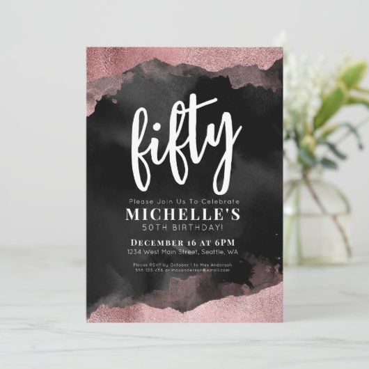 Rosa Gold 50. Geburtstag Einladung (Stehend Vorderseite)