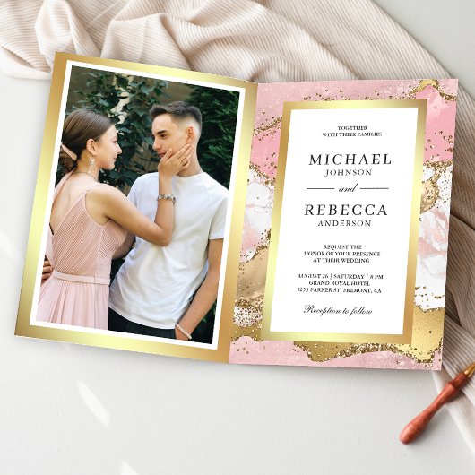 Rosa Gold Achat Marmor QR-Code Foto Hochzeit Einladung