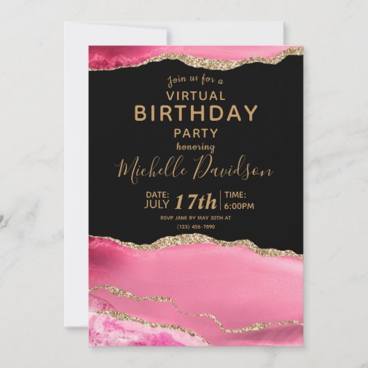 Rosa & Gold Agate Virtual Birthday Einladung (Vorderseite)