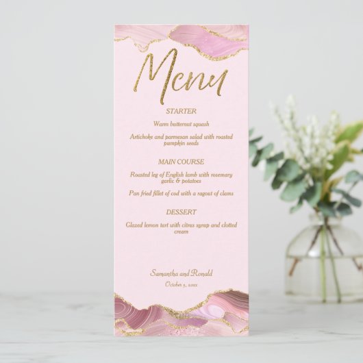 Rosa & Gold Agate Wedding Menü Card Einladung (Stehend Vorderseite)