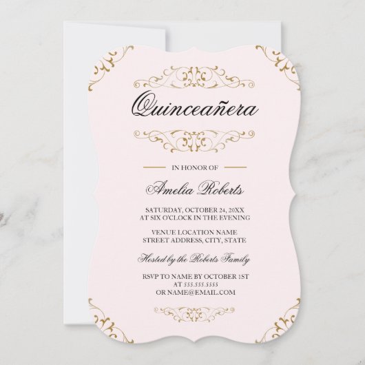 Rosa Gold Antike Blüh Quinceanera Einladung (Vorderseite)
