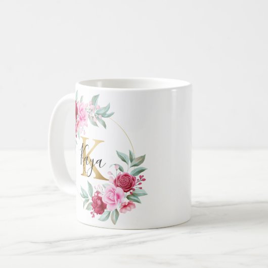 Rosa Gold Aquarellfarben Monogramm Kaffeetasse (Vorderseite Links)