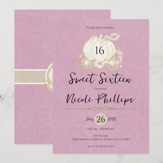 Rosa Gold Aschenputtel Kutsche Sweet 16 Party Einladung (Vorne/Hinten)