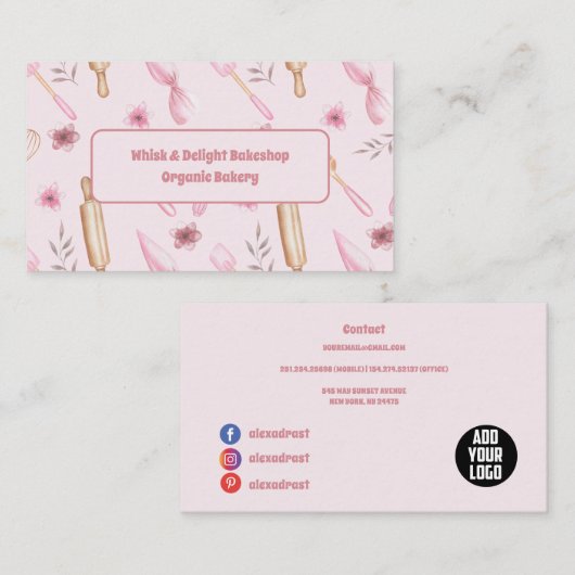 Rosa & Gold Backen & Backen Utensidische Bäckerei Visitenkarte (Vorne/Hinten)