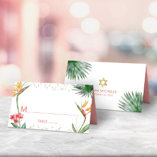 Rosa Gold Bat Mitzvah Tropenflora Wasserfarbe Platzkarte