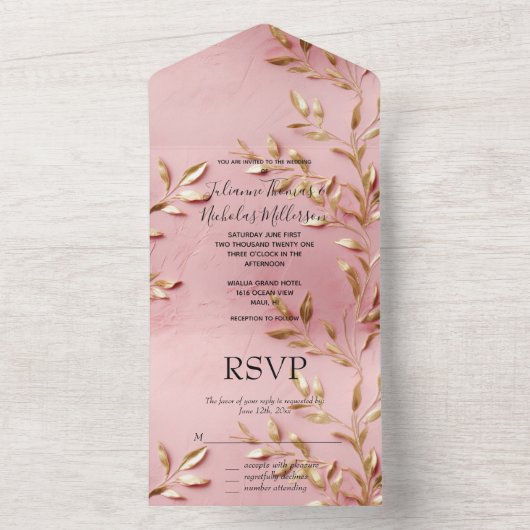 Rosa Gold Blätter Hochzeit All In One Einladung (Innen Boden)