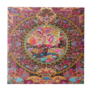 Rosa Gold Blau Persisch Blumen Blüten Pfau Kunst Fliese