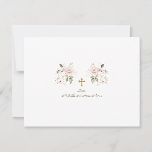 Rosa Gold Blume Foto Girls Twins Taufe Dankeskarte (Rückseite)