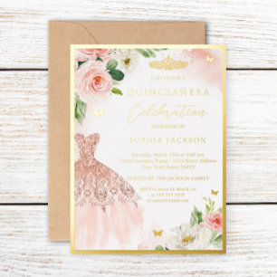 Rosa Gold Blumen-Tiara-Kleid Elegantes Quinceanera Folieneinladung