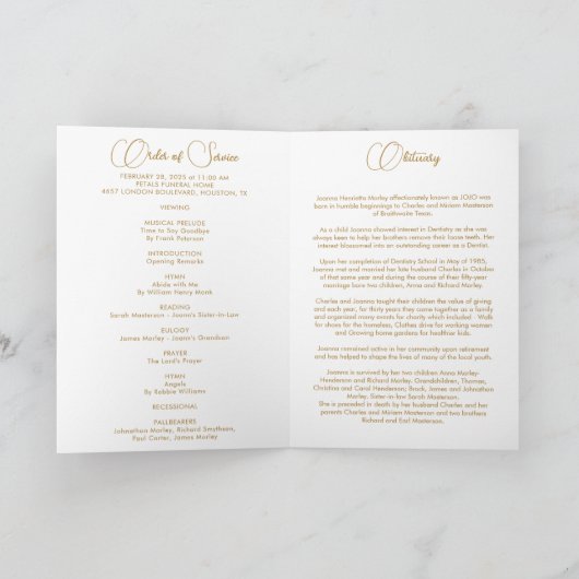 Rosa & Gold Blumen Trauerprogramm Programm (Innenseite)