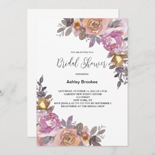 Rosa Gold Blumendusche Einladung (Vorne/Hinten)