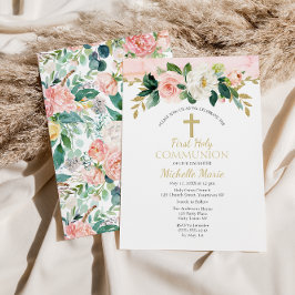 Rosa Gold Blumenkreuz Erstes Kommunion Girl Einladung