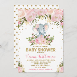 Rosa & Gold Blütendusche Elefant Baby Einladung
