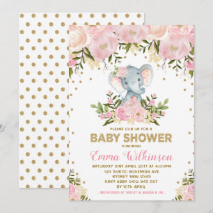 Rosa & Gold Blütendusche Elefant Baby Einladung