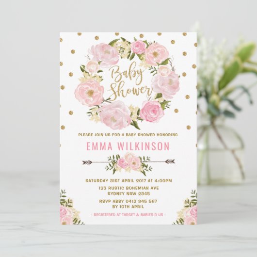 Rosa & Gold Boho Blumendusche Einladung (Stehend Vorderseite)
