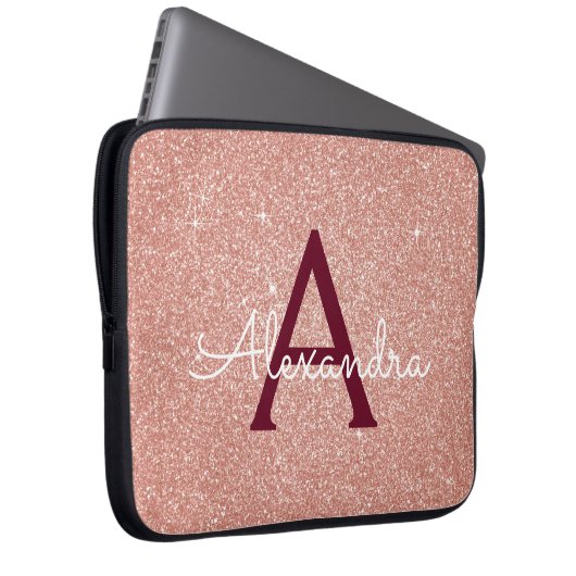 Rosa-Gold-Burgund-Glitzer-Sparkon-Monogramm Laptopschutzhülle (Vorne Rechts)