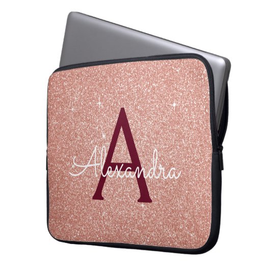 Rosa-Gold-Burgund-Glitzer-Sparkon-Monogramm Laptopschutzhülle (Vorderseite Links)