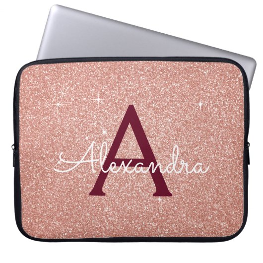 Rosa-Gold-Burgund-Glitzer-Sparkon-Monogramm Laptopschutzhülle (Vorderseite)