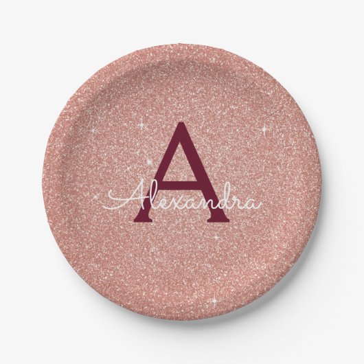 Rosa-Gold-Burgund-Glitzer-Sparkon-Monogramm Pappteller (Vorderseite)