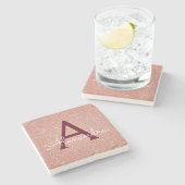 Rosa Gold Burgund Glitzer und Sparkle Monogramm Steinuntersetzer (Seitenansicht)