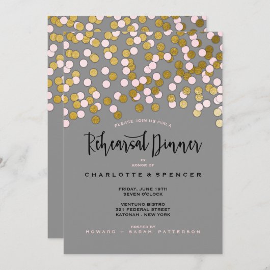 Rosa| Gold Confetti Hochzeit Probe Dinner Einladung (Vorne/Hinten)