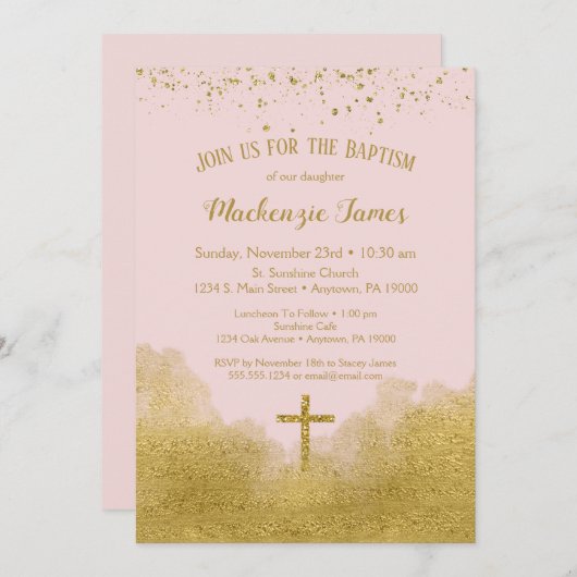 Rosa Gold Confetti Taufe Mädchen Einladung (Vorne/Hinten)
