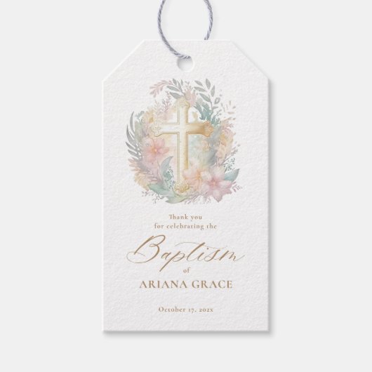 Rosa Gold Cross Bloral Elegante Aquarelltaufe Geschenkanhänger (Vorderseite)