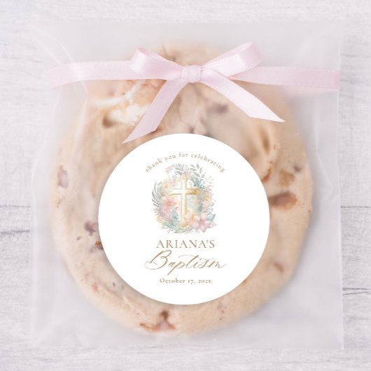 Rosa Gold Cross Bloral Elegante Aquarelltaufe Runder Aufkleber