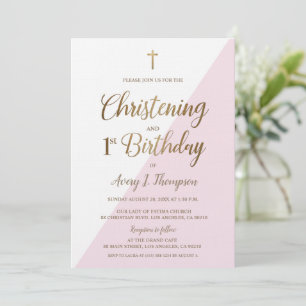 Rosa Gold Cross Christening 1. Geburtstag Einladung