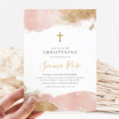 Rosa Gold Cross Girls Taufe Christening Einladung