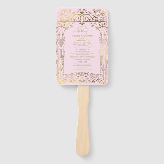 Rosa Gold Deco Chic Glam Hochzeitsprogramm Handfäc Fächer (Vorderseite)