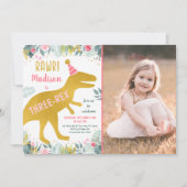 Rosa Gold Dinosaurier Drei Rex Geburtstag Einladung (Vorderseite)