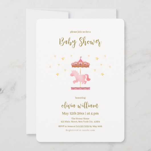 Rosa Gold Elegante Carousel Carnival Baby Dusche Einladung (Vorderseite)
